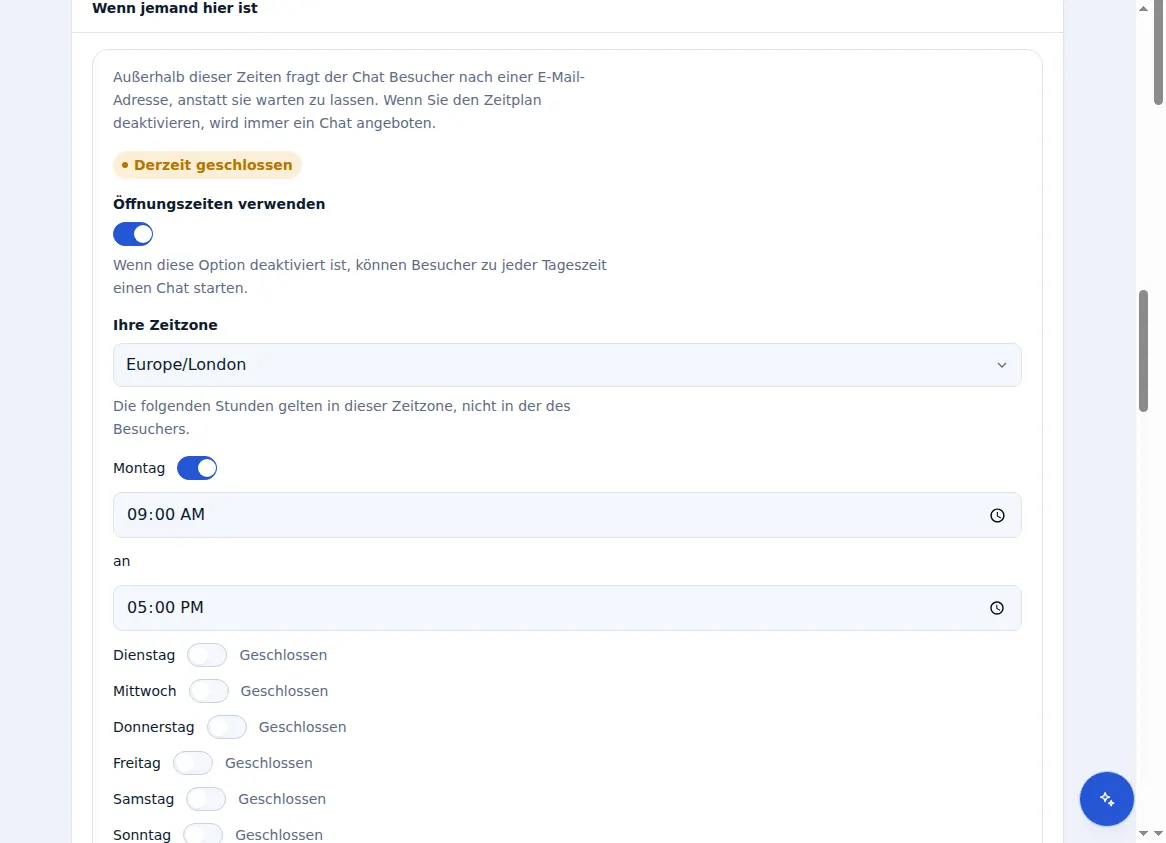 Öffnungszeiten in den Zinn® Chat-Einstellungen: eine Zeitzone, ein Schalter und Zeiten für jeden Tag