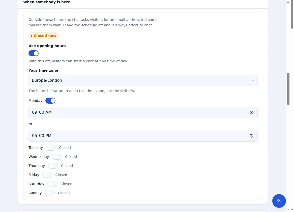 Opening hours in Zinn® Chat settings: a time zone and a switch and times for each day