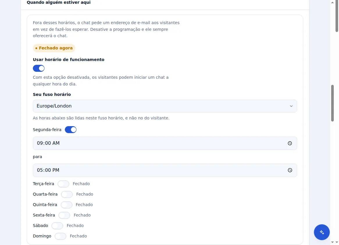 Horário de funcionamento nas configurações do Zinn® Chat: um fuso horário, um interruptor e horários para cada dia