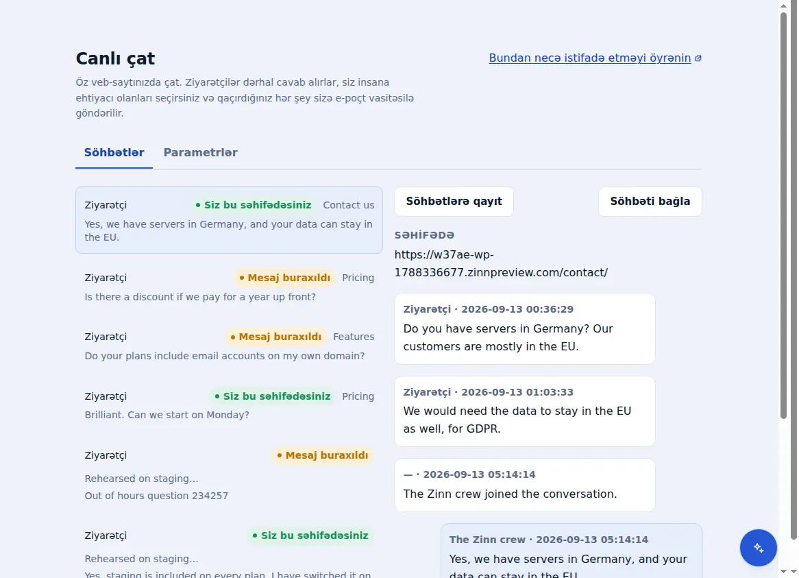 Zinn® Chat gələnlər qutusu: ziyarətçinin daxil olduğu səhifə ilə birlikdə açıq olan söhbətin yanındakı söhbətlər