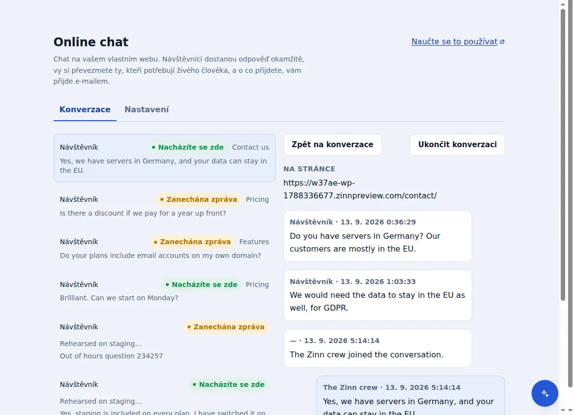 Doručená pošta Zinn® Chat: konverzace vedle té otevřené, se stránkou, na které se návštěvník nacházel