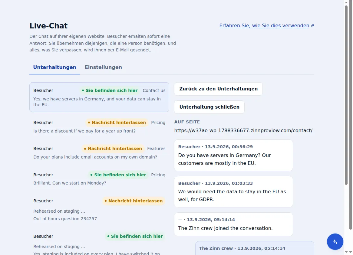 Der Posteingang von Zinn® Chat: Unterhaltungen neben der aktuell geöffneten, mit der Seite, auf der sich der Besucher befand