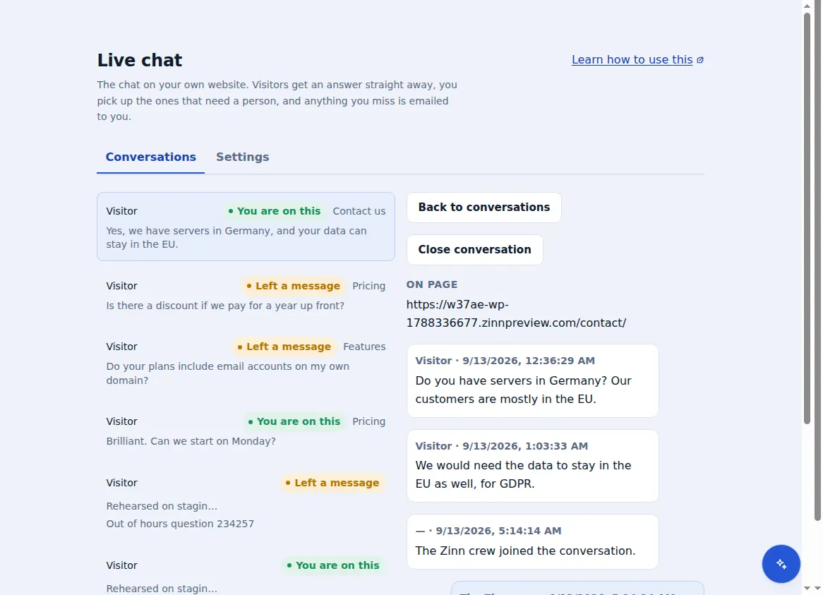 The Zinn® Chat inbox: conversations beside the one that is open, with the page the visitor was on