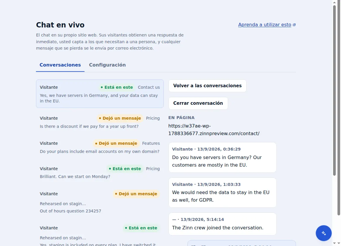 La bandeja de entrada de Zinn® Chat: conversaciones junto a la que está abierta, con la página en la que se encontraba el visitante