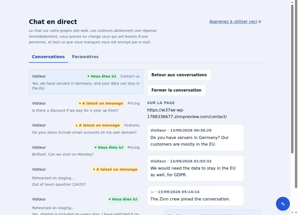 La boîte de réception de Zinn® Chat : les conversations à côté de celle qui est ouverte, avec la page sur laquelle se trouvait le visiteur