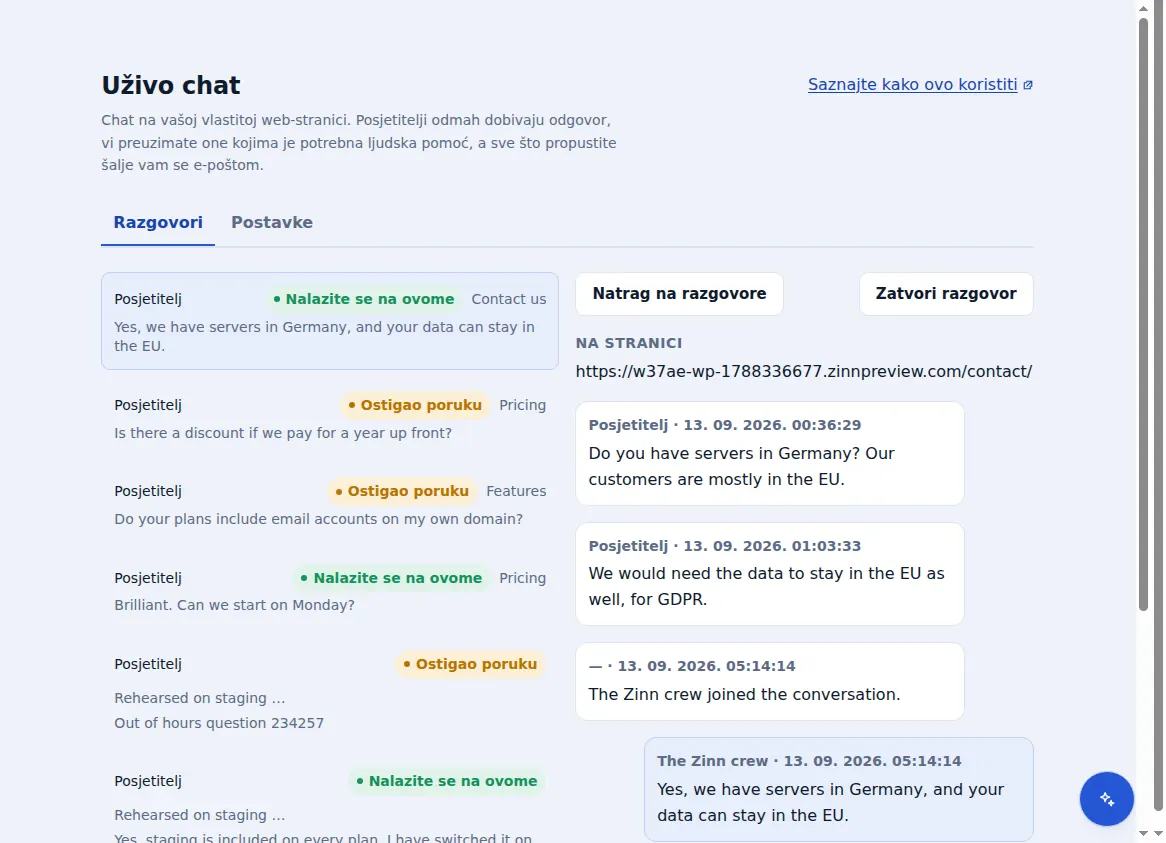 Pristigla pošta za Zinn® Chat: razgovori pored otvorenog, sa stranicom na kojoj se posjetitelj nalazio