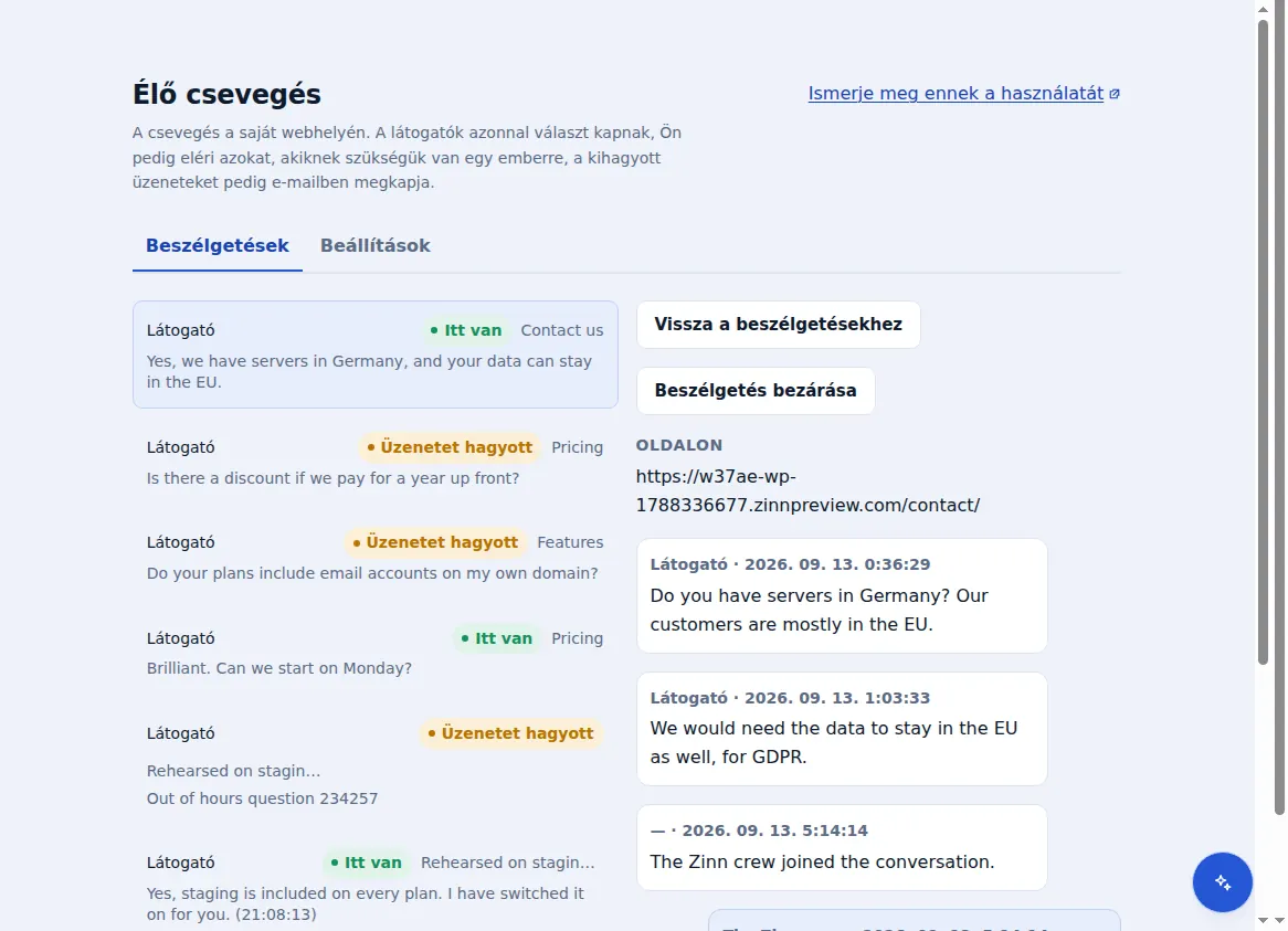 A Zinn® Chat beérkező levelei: a megnyitott beszélgetés melletti beszélgetések, a látogató által megtekintett oldallal együtt