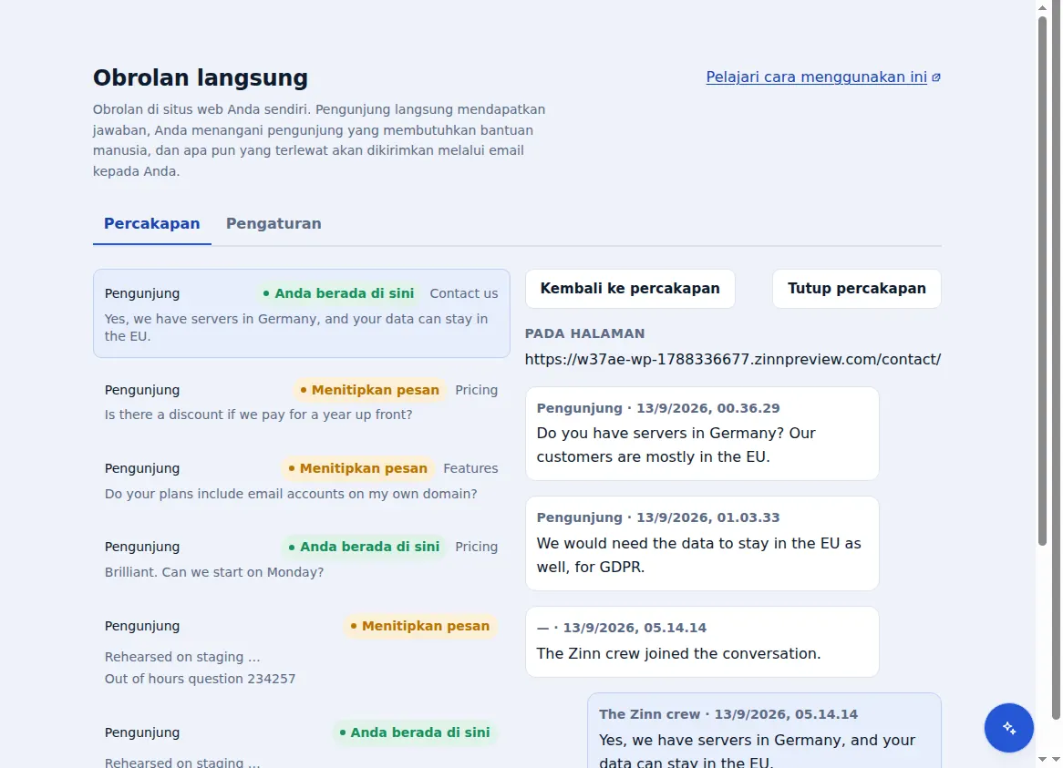 Kotak masuk Zinn® Chat: percakapan di samping percakapan yang sedang terbuka, disertai halaman yang sedang dibuka pengunjung