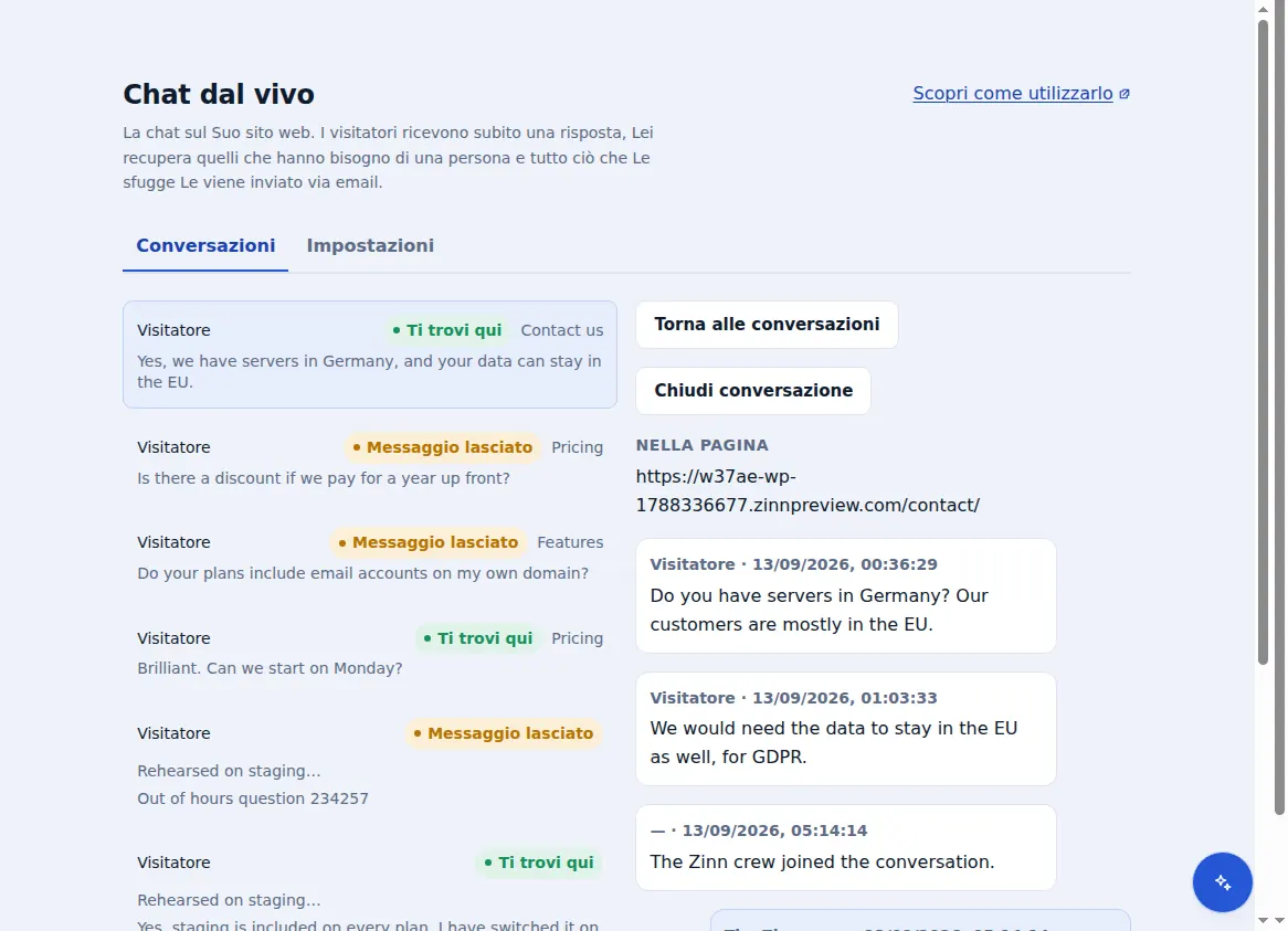 La casella di posta di Zinn® Chat: conversazioni accanto a quella aperta, con la pagina in cui si trovava il visitatore