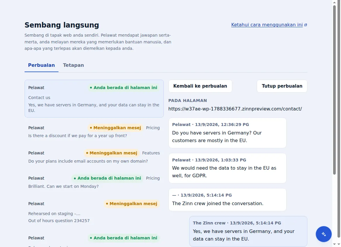 Peti masuk Zinn® Chat: perbualan di sebelah perbualan yang sedang dibuka, dengan halaman yang dilayari oleh pelawat