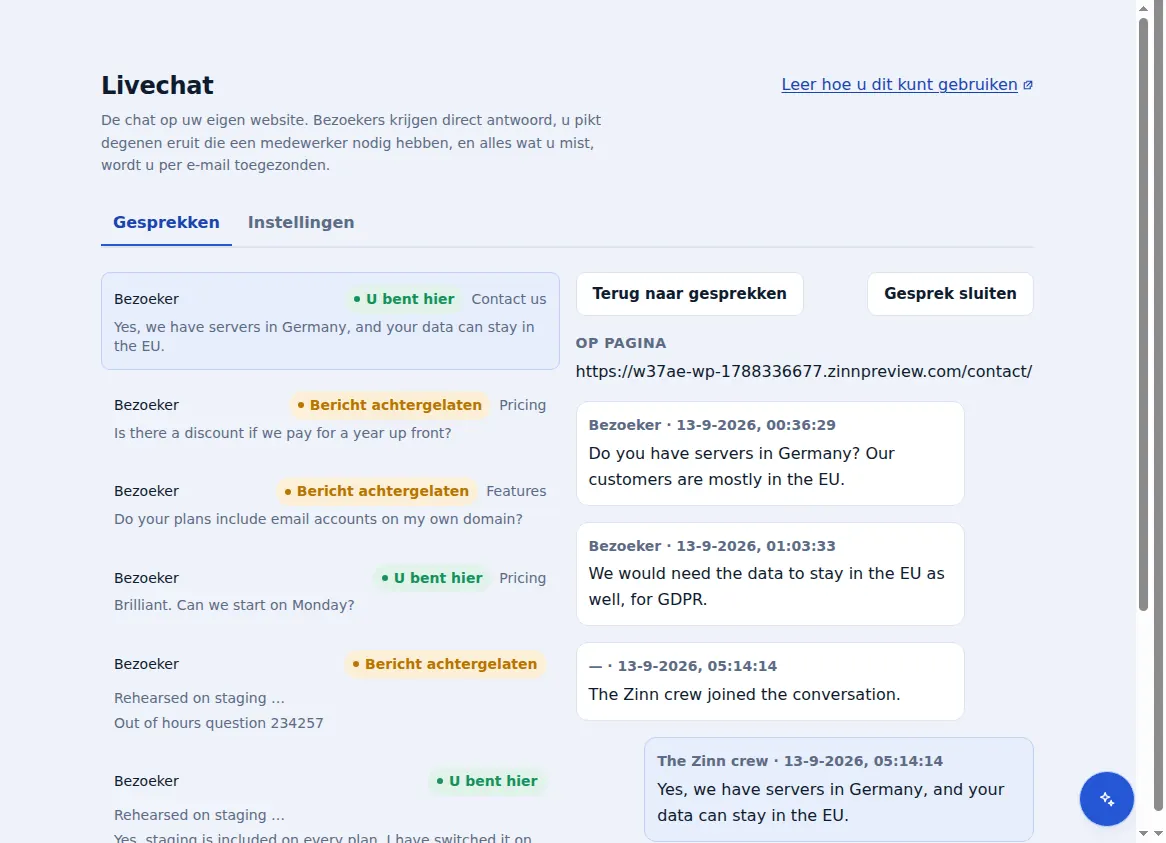 De Zinn® Chat-inbox: conversaties naast de geopende conversatie, met de pagina waarop de bezoeker zich bevond
