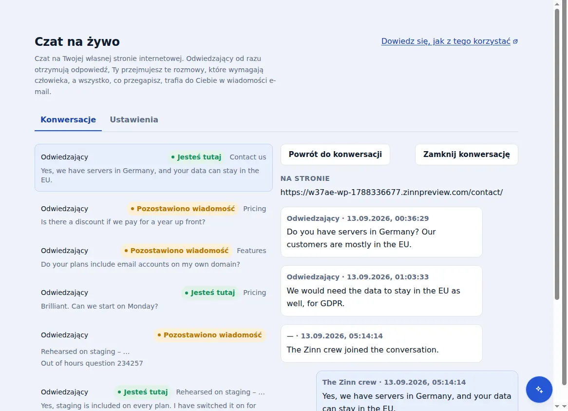 Skrzynka odbiorcza Zinn® Chat: rozmowy obok tej otwartej, wraz ze stroną, na której przebywał odwiedzający