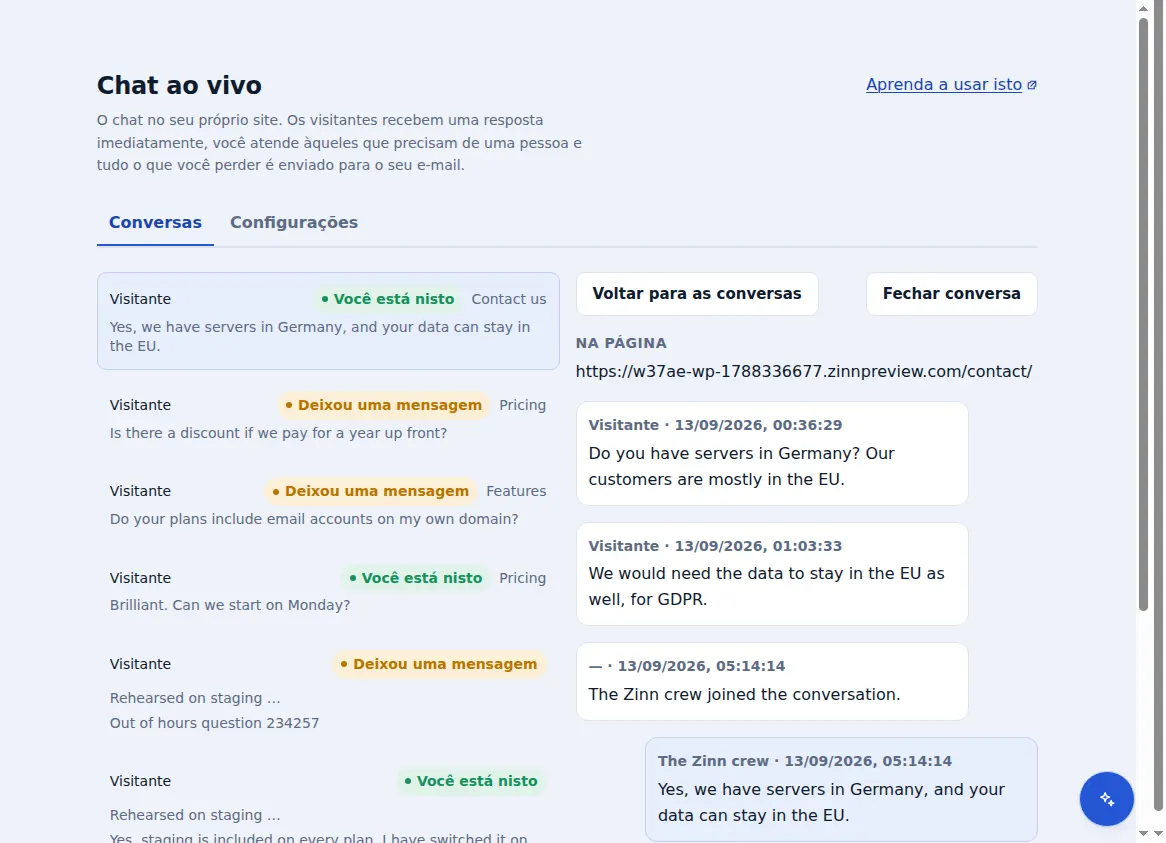 A caixa de entrada do Zinn® Chat: conversas ao lado da que está aberta, com a página em que o visitante estava