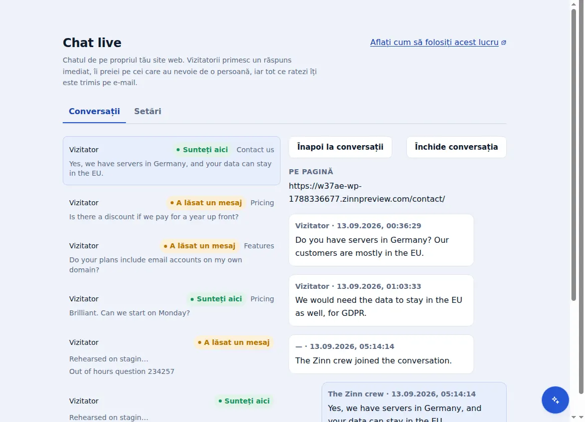 Inboxul Zinn® Chat: conversațiile de lângă cea deschisă, împreună cu pagina pe care se afla vizitatorul