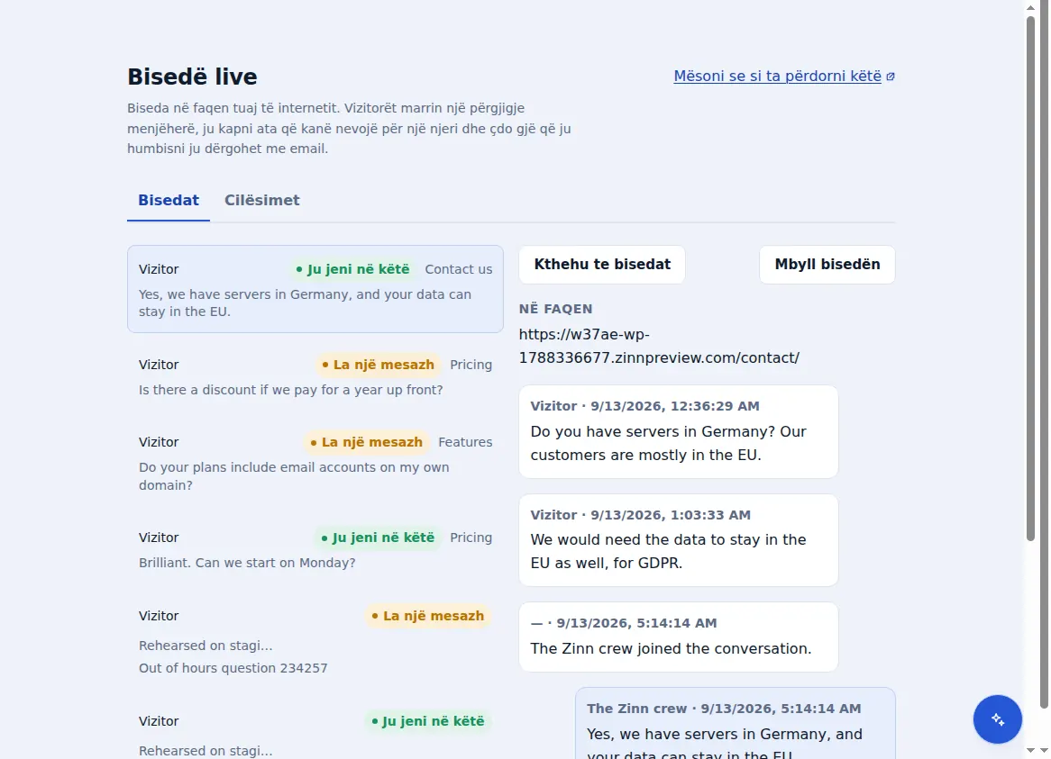 Kutia hyrëse e Zinn® Chat: bisedat pranë asaj që është e hapur, me faqen ku ndodhej vizitori