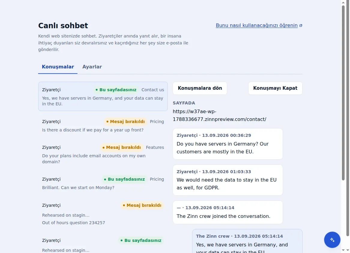Zinn® Chat gelen kutusu: ziyaretçinin bulunduğu sayfa ile birlikte, açık olanın yanındaki sohbetler