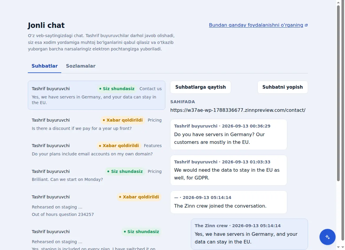 Zinn® Chat kiruvchi xabarlar qutisi: tashrif buyuruvchi boʻlgan sahifa bilan birga, ochiq suhbat yonidagi suhbatlar