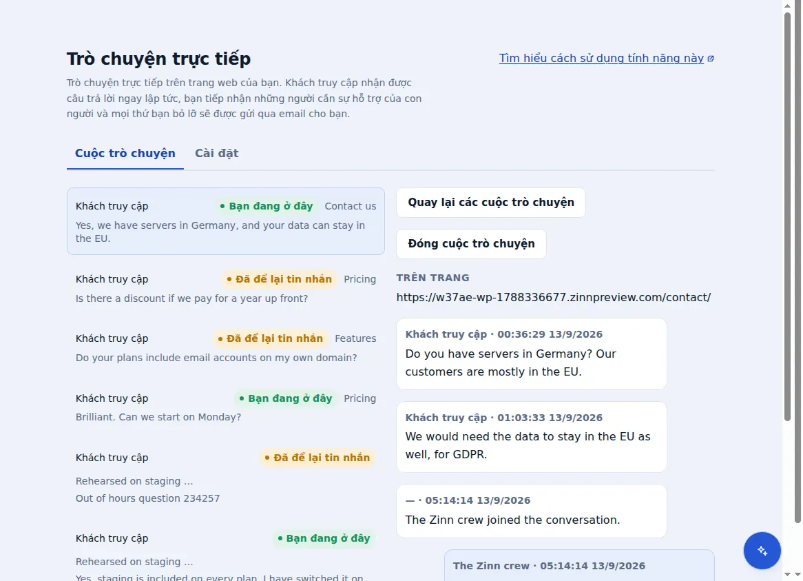 Hộp thư đến của Zinn® Chat: các cuộc hội thoại bên cạnh cuộc hội thoại đang mở, cùng với trang mà khách truy cập đã xem