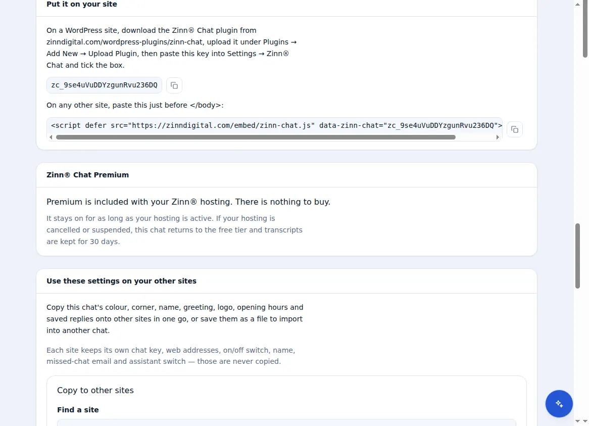 Putting the chat on a site: the chat key, the one-line script and the Premium panel