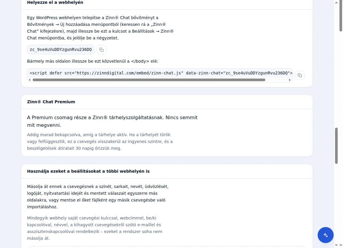 A chat elhelyezése egy webhelyen: a chatkulcs, az egysoros parancsfájl és a Premium panel