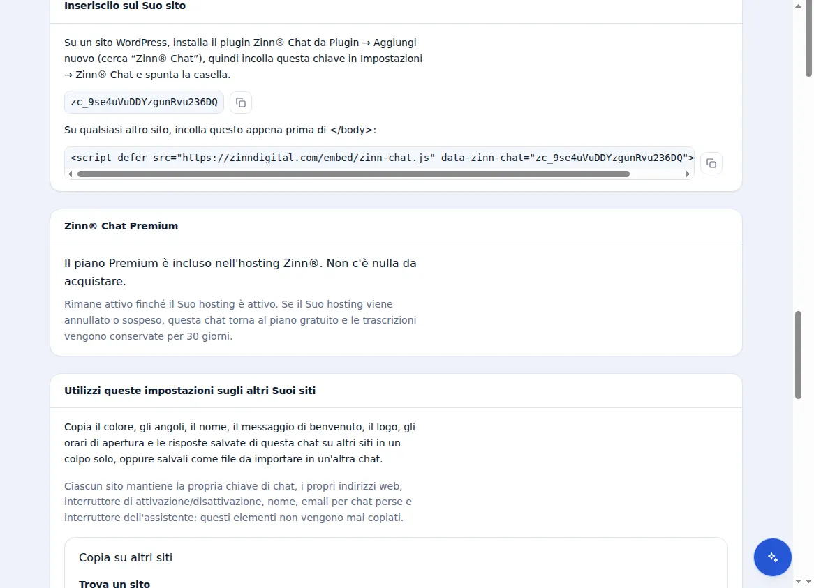 Inserimento della chat su un sito: la chiave della chat, lo script a riga singola e il pannello Premium