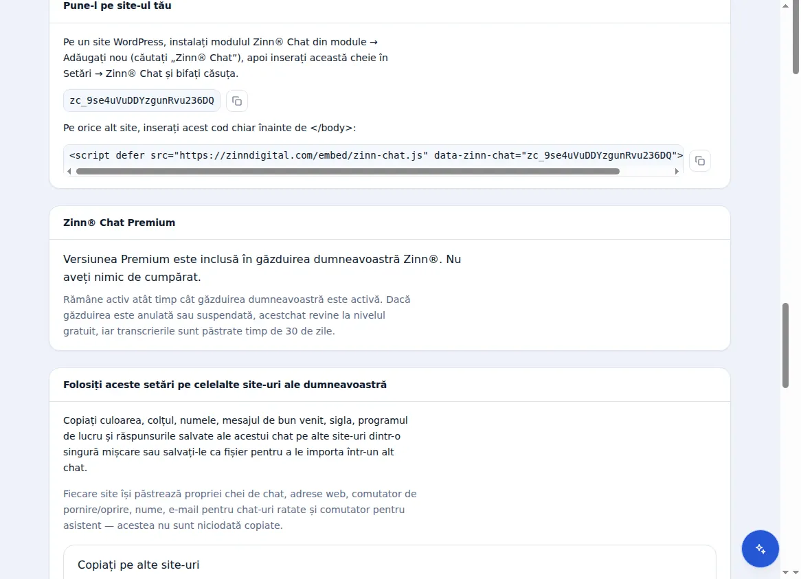 Plasarea chatului pe un site: cheia de chat, scriptul de o singură linie și panoul Premium