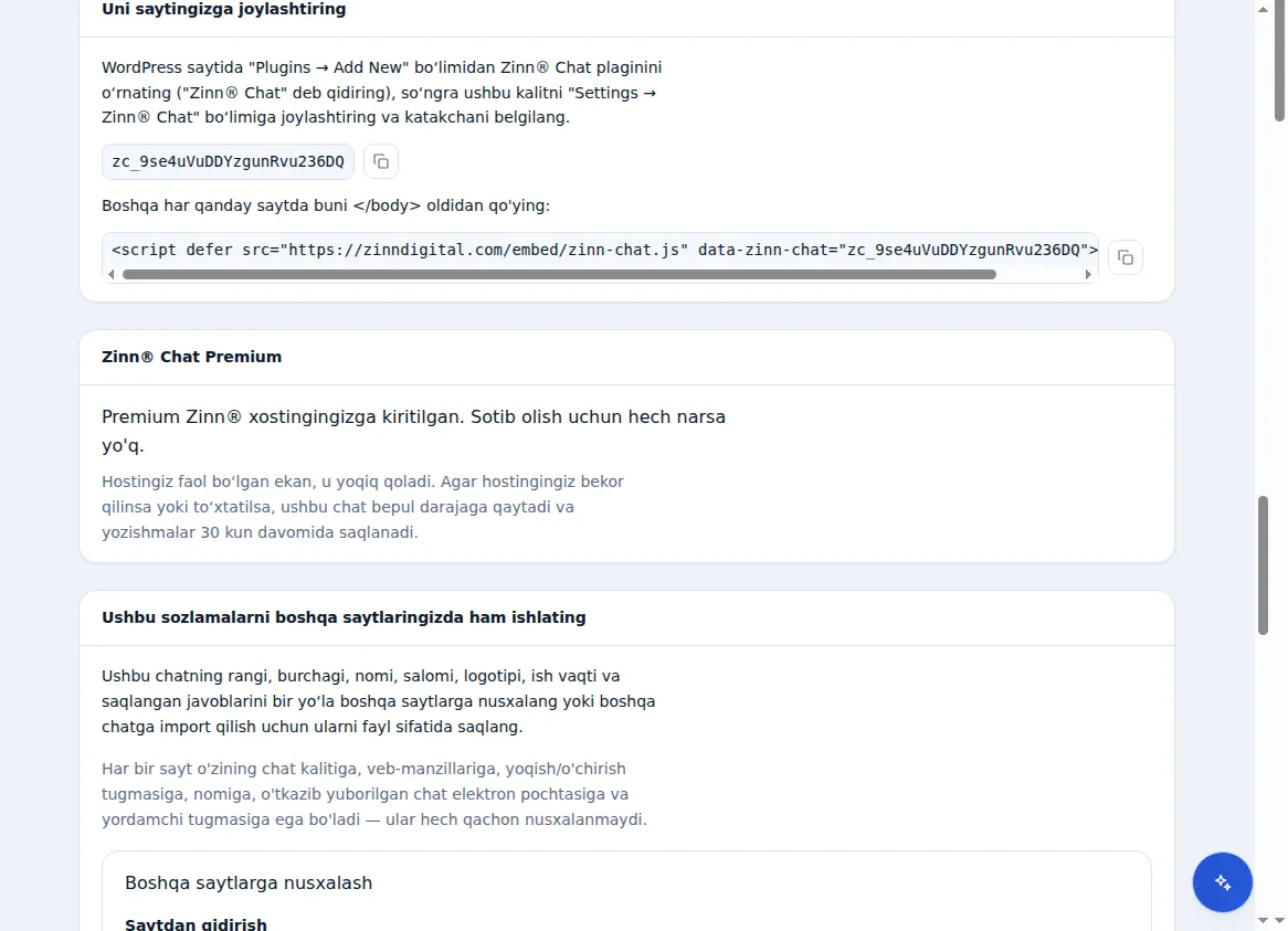 Saytga chatni joylashtirish: chat kaliti, bir qatorli skript va Premium paneli