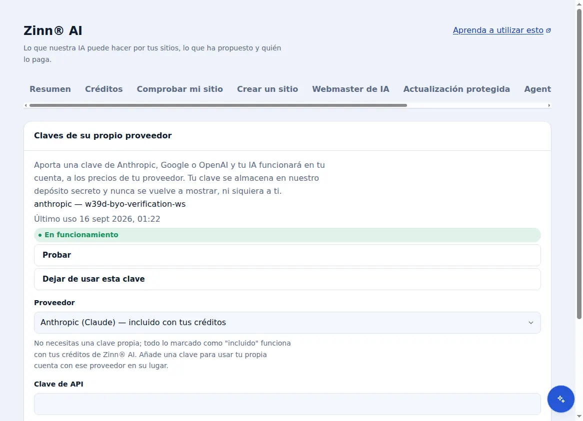 Sus propias claves de proveedor en Zinn® AI, con una clave funcional y la opción de elegir proveedor