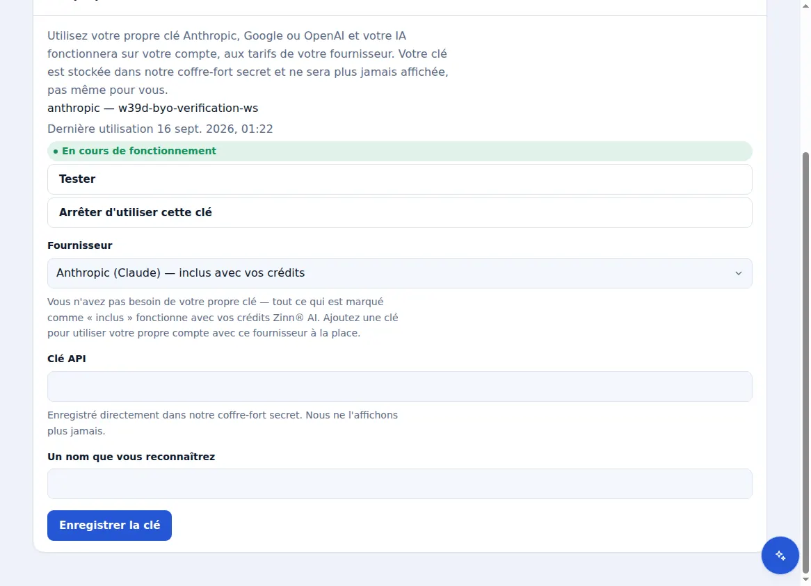 Vos propres clés de fournisseur dans Zinn® AI, avec une clé fonctionnelle et le choix du fournisseur