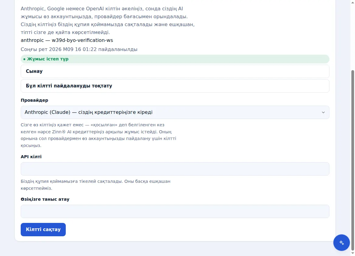 Zinn® AI ішіндегі жеке провайдер кілттеріңіз, жарамды кілтпен және провайдерді таңдау мүмкіндігімен