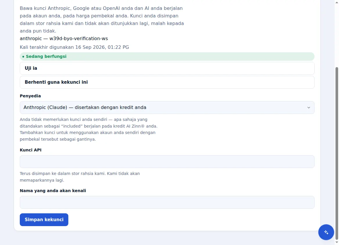 Kunci pembekal anda sendiri dalam Zinn® AI, dengan kunci yang berfungsi dan pilihan pembekal