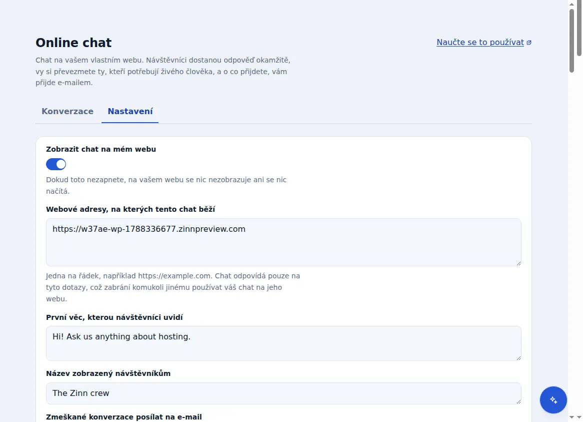 Nastavení Zinn® Chat: zobrazení chatu, webových adres, na kterých běží, uvítání a názvu týmu