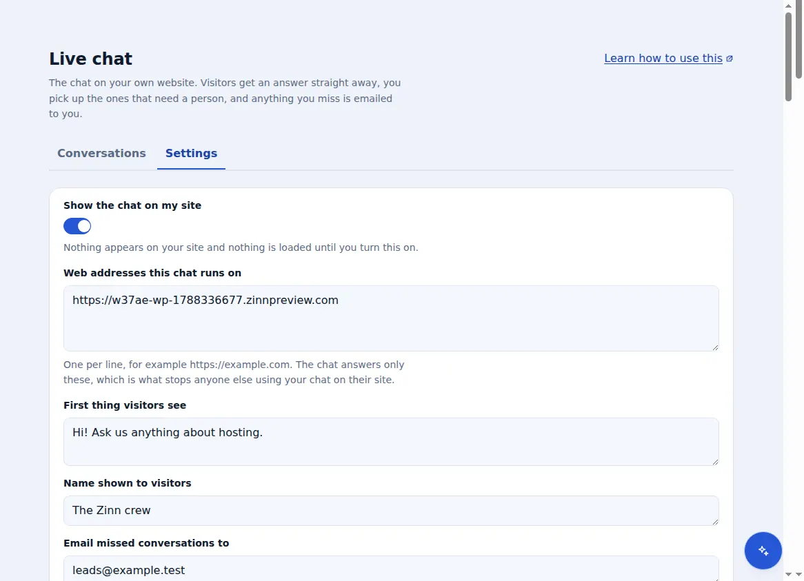 Zinn® Chat settings: showing the chat, the web addresses it runs on, the greeting and the team name