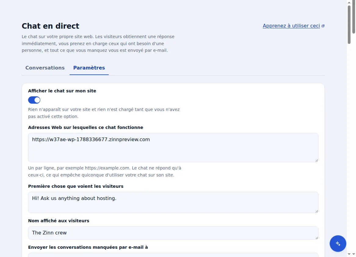 Paramètres de Zinn® Chat : affichage du chat, des adresses web sur lesquelles il fonctionne, du message d’accueil et du nom de l’équipe