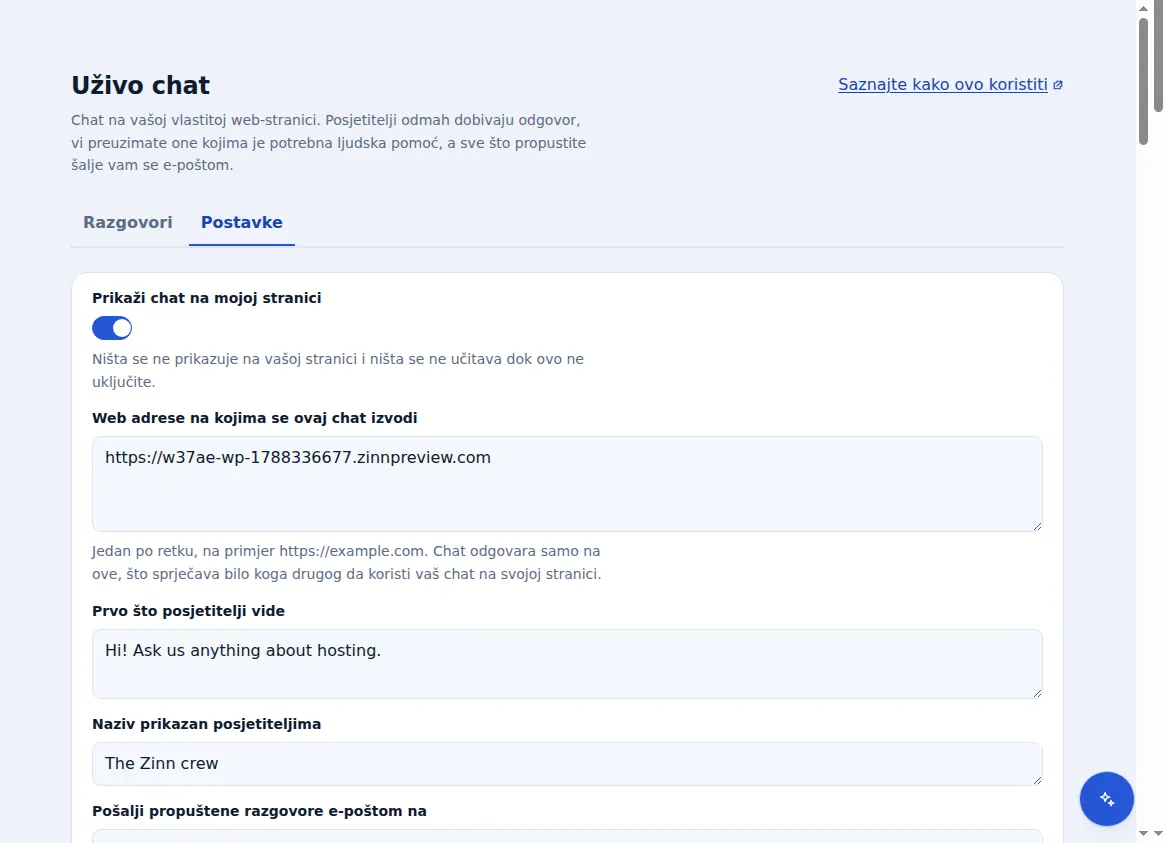 Postavke za Zinn® Chat: prikazivanje chata, web-adresa na kojima radi, pozdrava i naziva tima