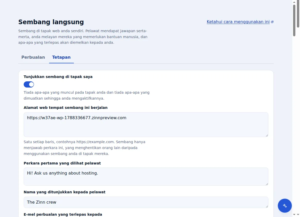 Tetapan Zinn® Chat: menunjukkan sembang, alamat web tempat ia beroperasi, ucapan dan nama pasukan
