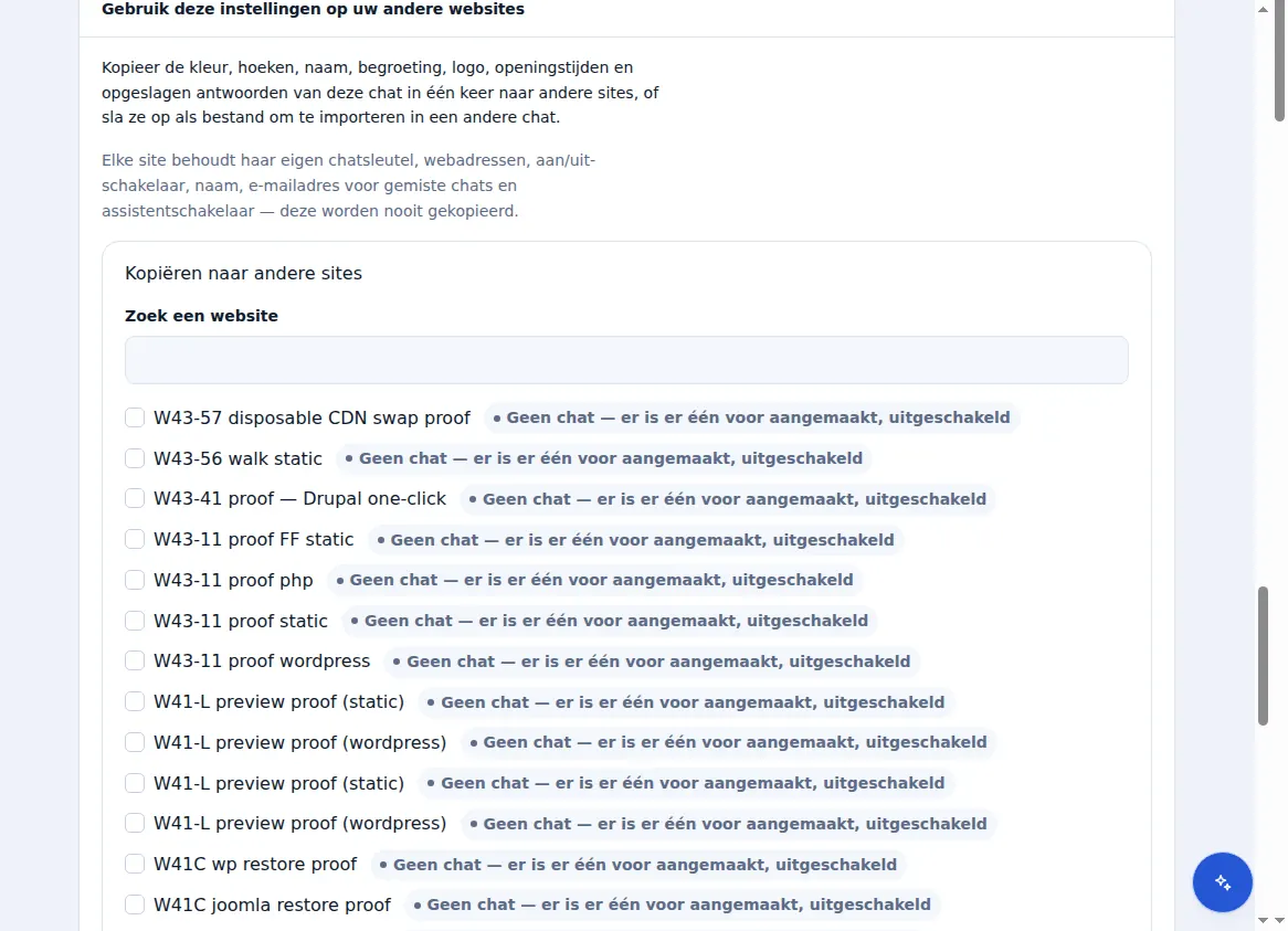 Zinn® Chat-instellingen: weergave van de chat, de webadressen waarop deze actief is, de begroeting en de teamnaam