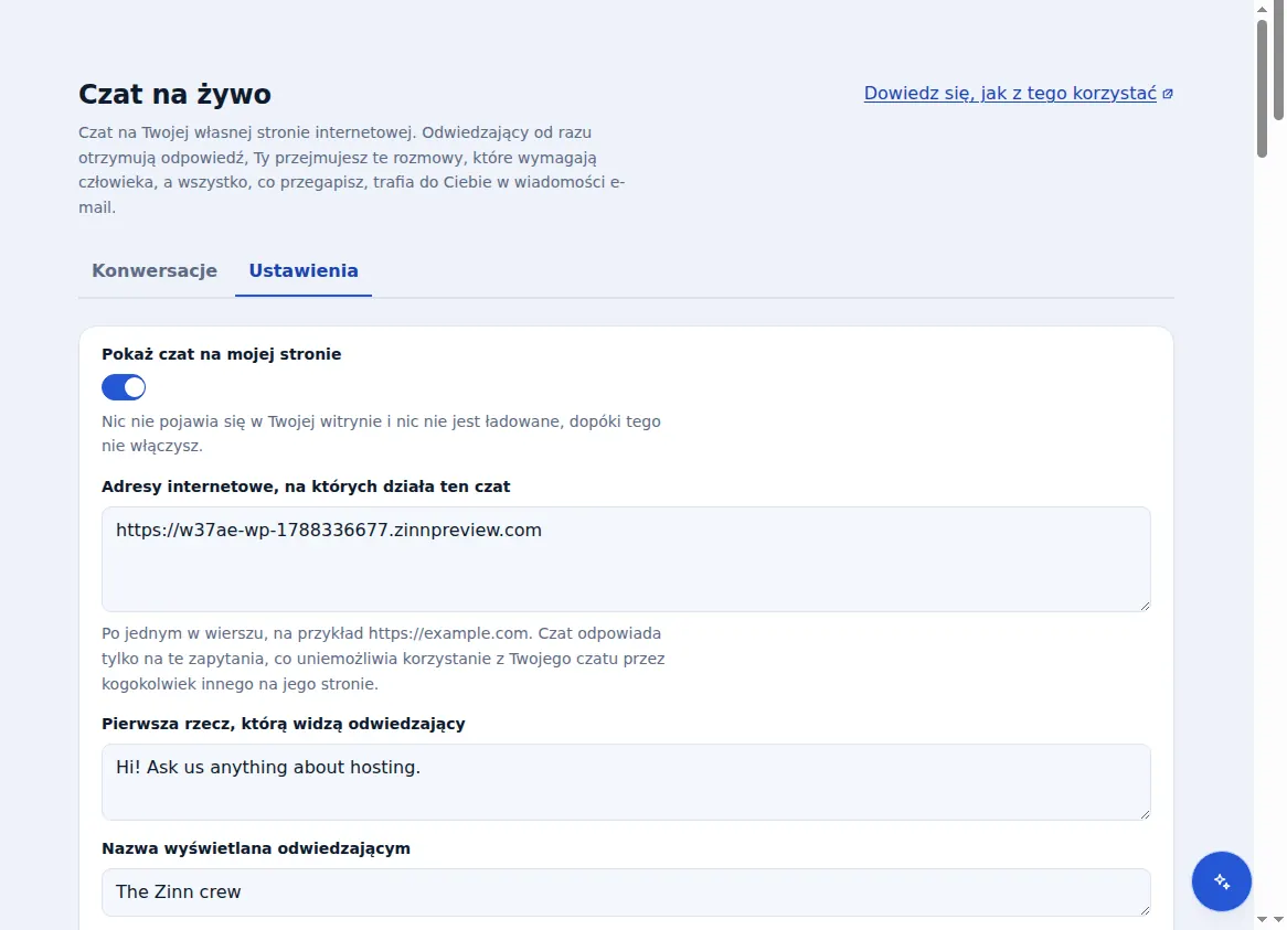 Ustawienia Zinn® Chat: wyświetlanie czatu, adresów internetowych, na których działa, powitania oraz nazwy zespołu