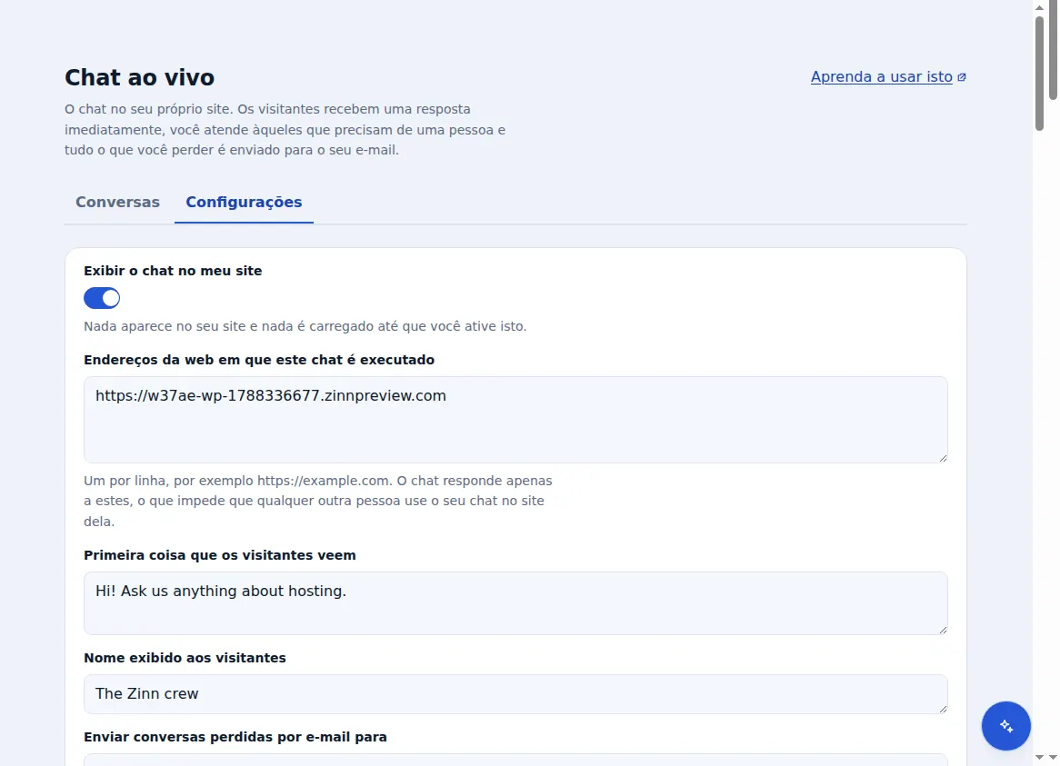 Configurações do Zinn® Chat: exibição do chat, dos endereços web em que ele opera, da saudação e do nome da equipe
