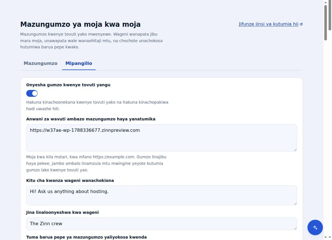 Mipangilio ya Zinn® Chat: kuonyesha gumzo, anwani za wavuti inapoendeshea, salamu na jina la timu