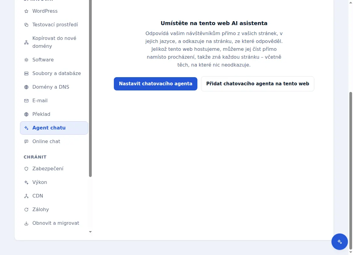 Karta chatovacího agenta pro hostovaný web, která nabízí přidání asistenta s umělou inteligencí