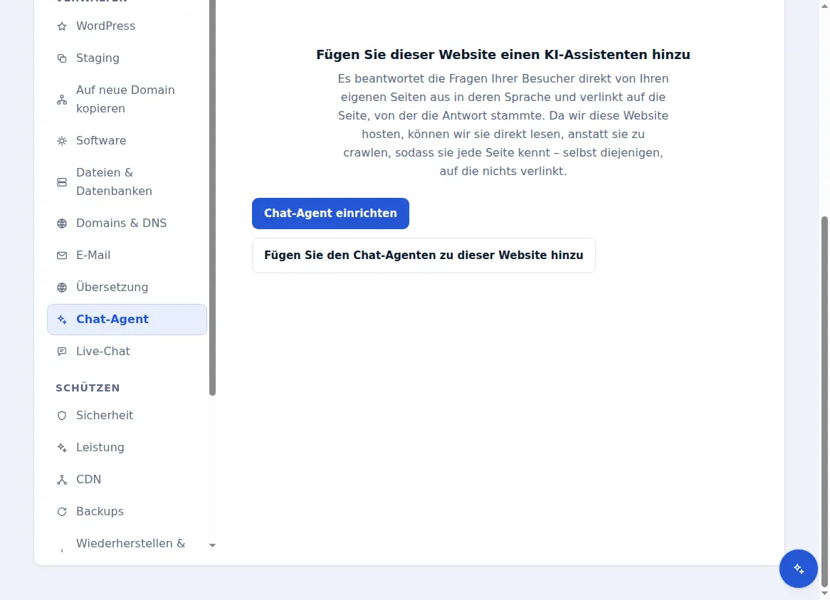 Der Chat-Agent-Reiter für eine gehostete Website, auf dem angeboten wird, einen KI-Assistenten hinzuzufügen