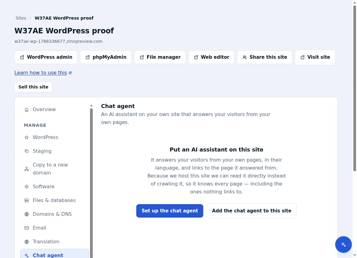The chat agent tab for a hosted site, offering to put an AI assistant on it