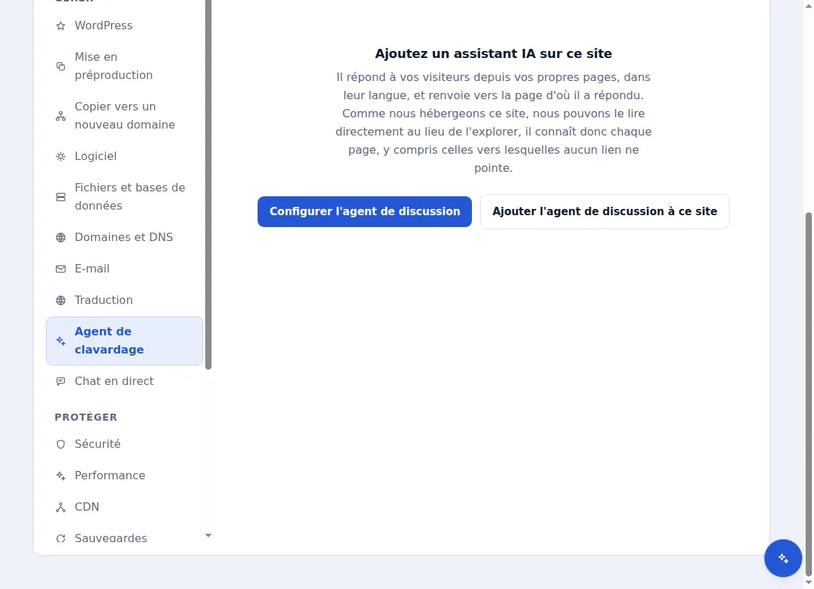 L’onglet de l’agent de discussion pour un site hébergé, proposant d’y intégrer un assistant d’intelligence artificielle