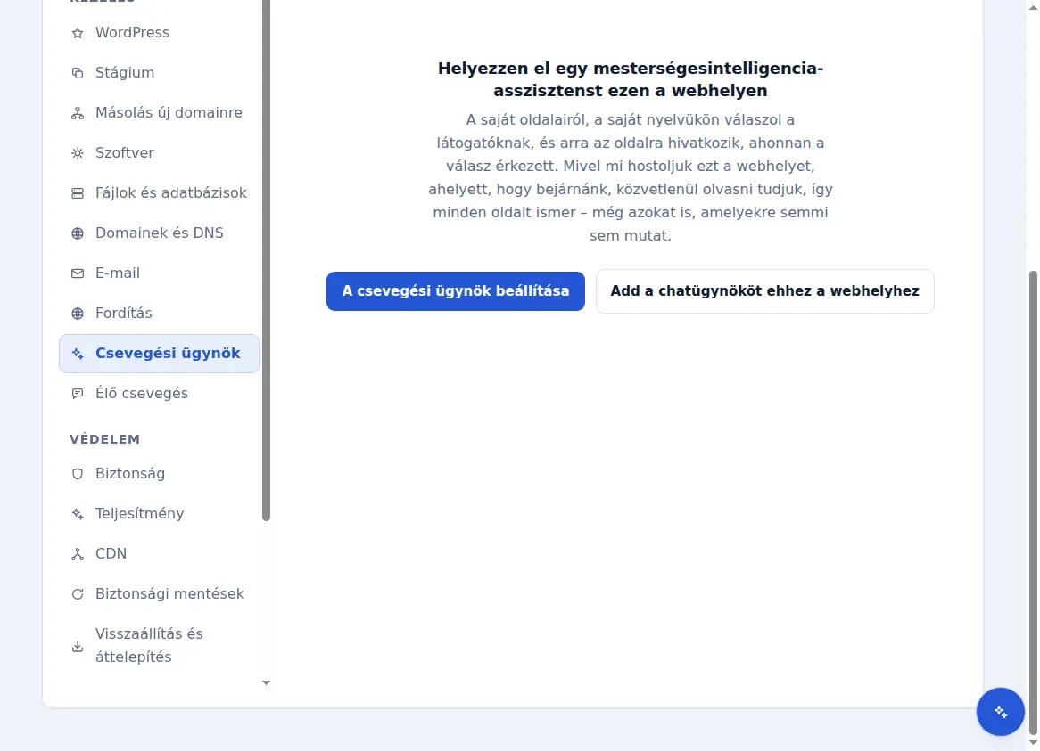 A hosztolt webhely csevegésiügynök-lapja, amely felajánlja egy mesterségesintelligencia-asszisztens hozzáadását