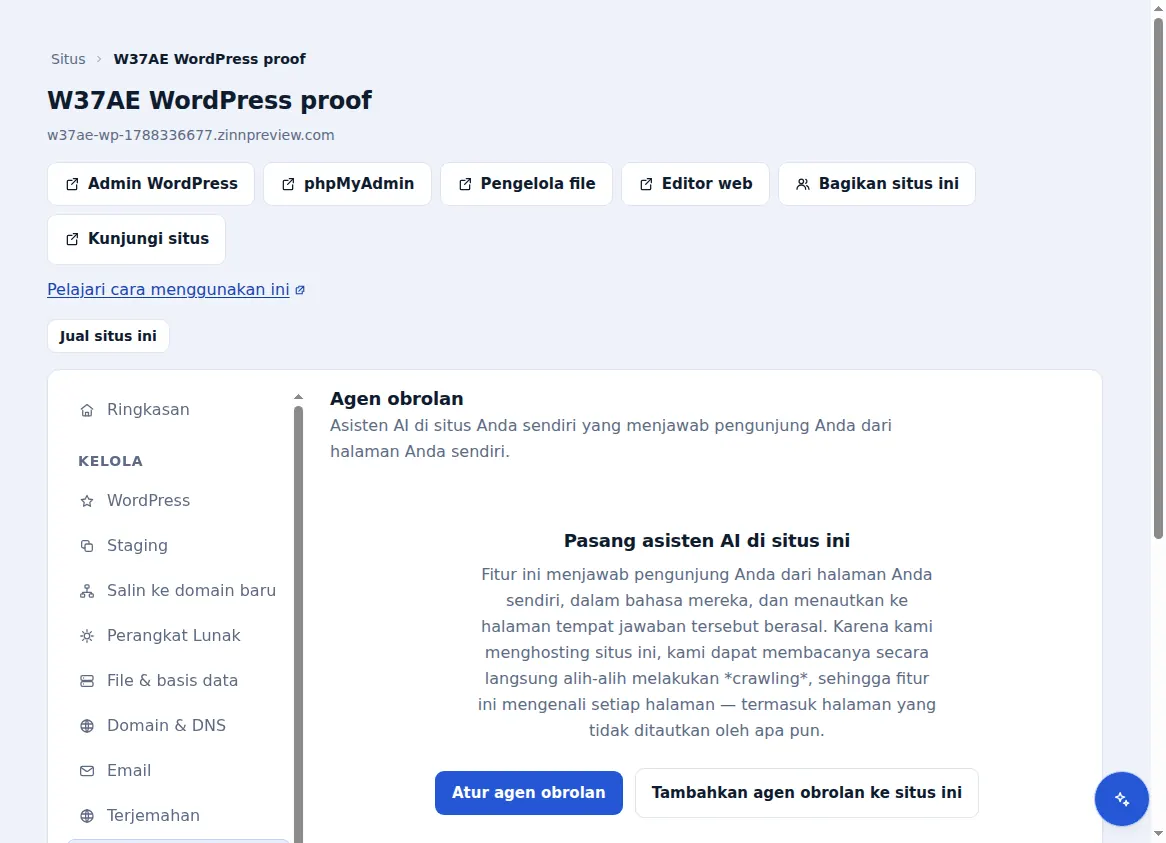 Tab agen obrolan untuk situs yang di-hosting, yang menawarkan penambahan asisten kecerdasan buatan ke dalamnya