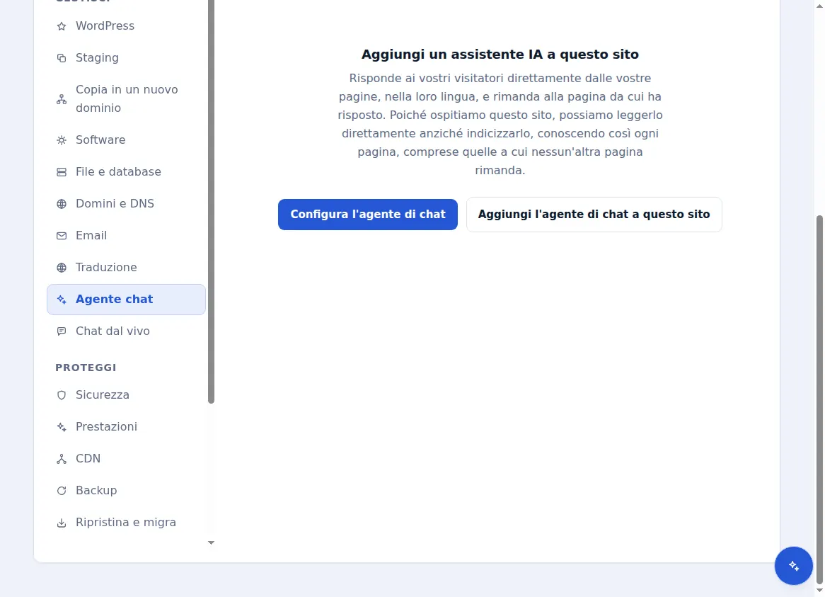 La scheda dell'agente di chat per un sito ospitato, che propone di aggiungervi un assistente di intelligenza artificiale