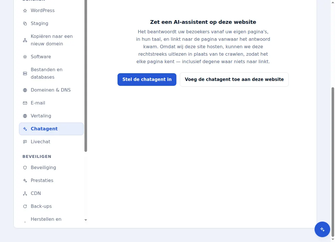 Het tabblad van de chatagent voor een gehoste site, waarop wordt aangeboden een AI-assistent toe te voegen