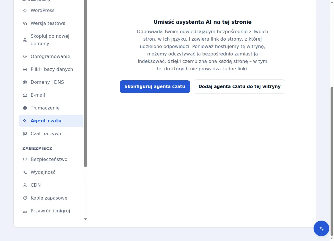 Karta agenta czatu dla hostowanej witryny, oferująca dodanie do niej asystenta sztucznej inteligencji