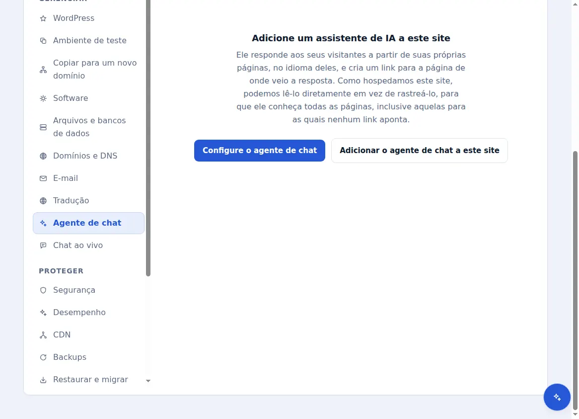 A guia do agente de chat de um site hospedado, oferecendo a inclusão de um assistente de inteligência artificial nele